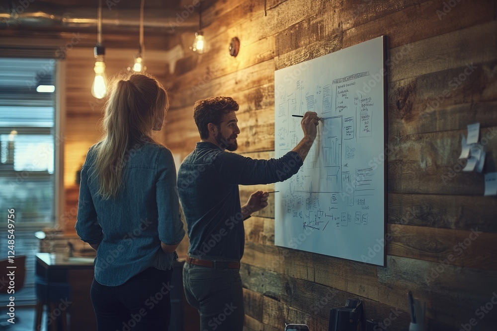 custom made wallpaper toronto digitalA man and a woman collaborate on a whiteboard, brainstorming and sketching website design plans.