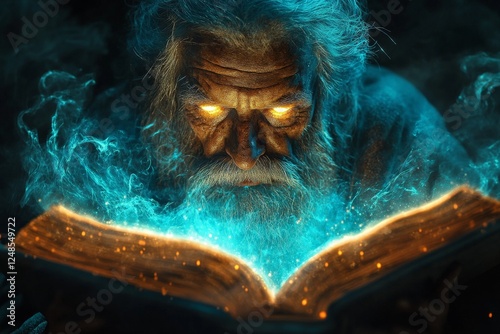 Mysterious old wizard reading ancient book with bright glowing symbols during a magical ritual photo