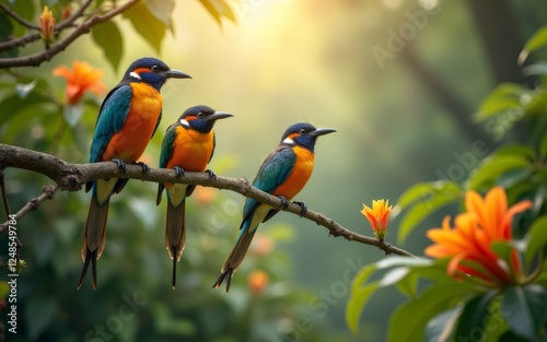 Three vibrant birds perched on a branch, surrounded by colorful flowers in a serene natural setting.