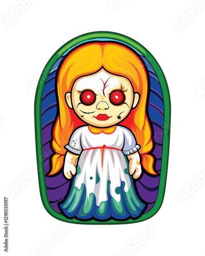 Render a chilling image of a demonic baby doll, its porcelain face severely cracked, revealing a sinister, shadowed interior.  Focus on unsettling detail.