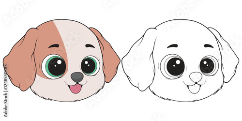 Bundling set Head Dog Character Illustration, Coloring Book Page with Dog, Isolated Head Dog with white Background.