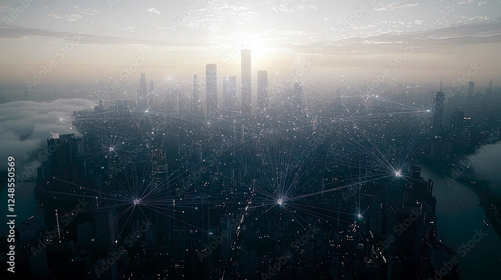 Obraz premium Futuristic City at Sunrise: A Network of Connections and Innovation