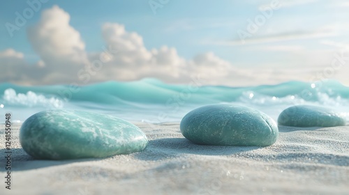 Serene Landscape Featuring Larimar Stones on Sandy Beach Under Clear Blue Sky