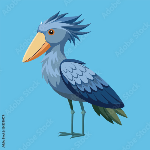 Cartoon shoebill stork bird with large yellow beak standing on blue background