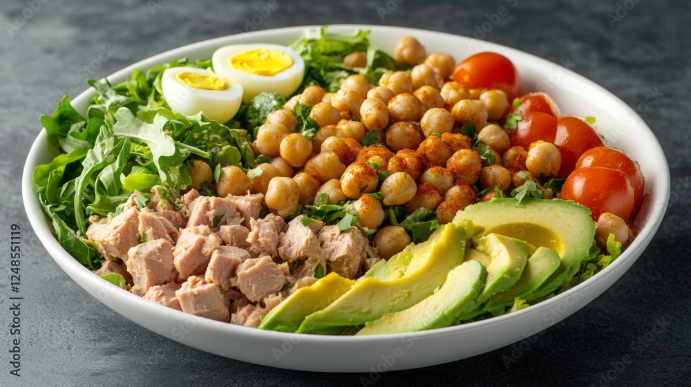 A colorful salad combines crisp greens, creamy avocado slices, tender tuna, boiled eggs, and spiced chickpeas, creating a nutritious and appetizing dish perfect for lunch A colorful salad combines crisp greens, creamy avocado slices, tender tuna, boiled eggs, and spiced chickpeas, creating a nutritious and appetizing dish perfect for lunch