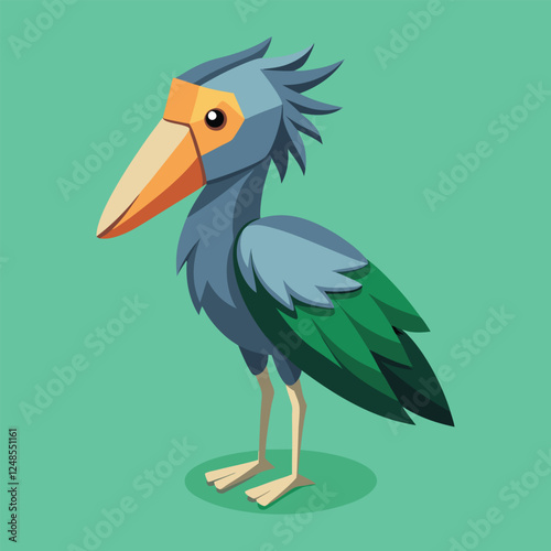 Cartoon shoebill stork bird with large orange beak standing on teal background