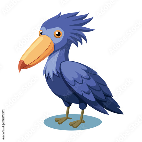 Cute cartoon shoebill stork standing on a blue circle with a white background