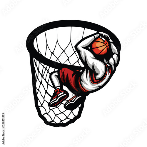 A powerful basketball player soaring through the air, executing a spectacular one-handed dunk.  Dynamic pose, intense focus.