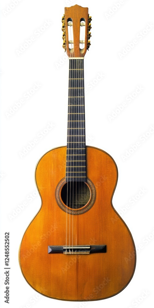 Obraz premium Vintage Acoustic Guitar on Crisp White Background: A Classic Music Object