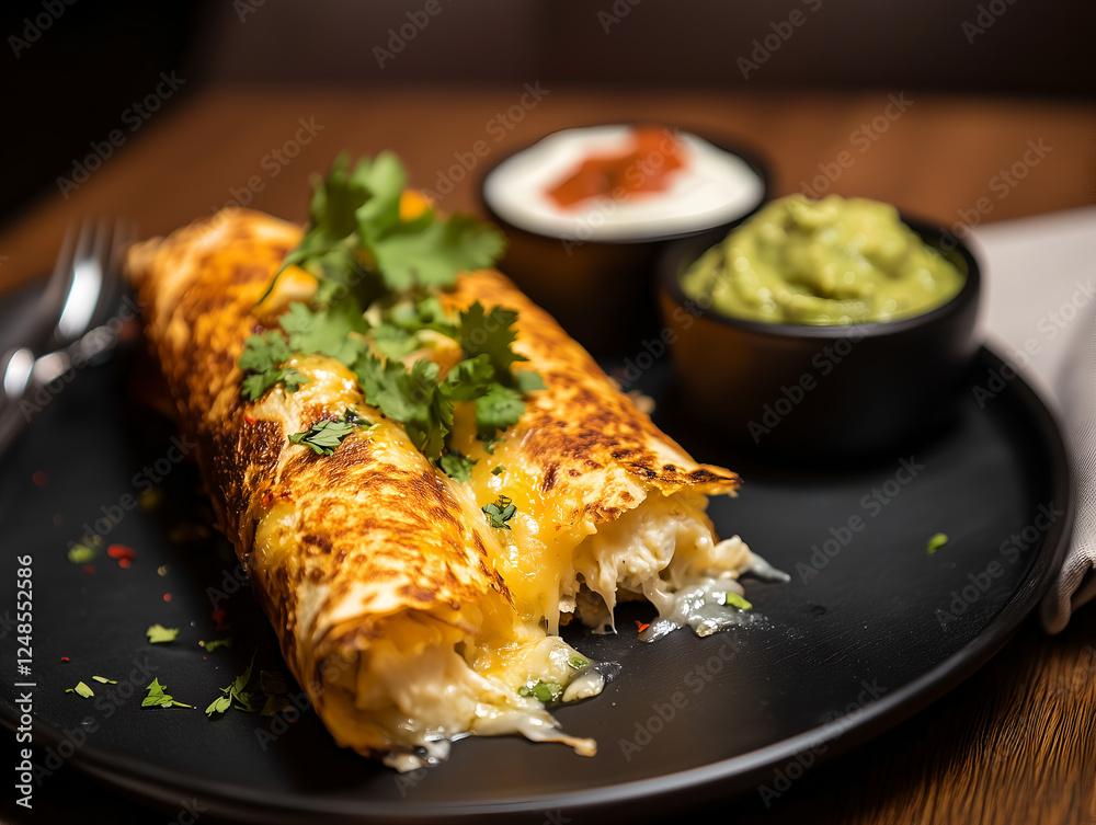 Delicious rolls with a piquant filling, elegantly arranged on a dark plate. Accompanied by small cups filled with different flavorful sauces. Rich, moody presentation. Delicious rolls with a piquant filling, elegantly arranged on a dark plate. Accompanied by small cups filled with different flavorful sauces. Rich, moody presentation.