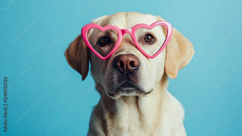 A cute Labrador dog wears pink heart-shaped sunglasses against a bright blue background