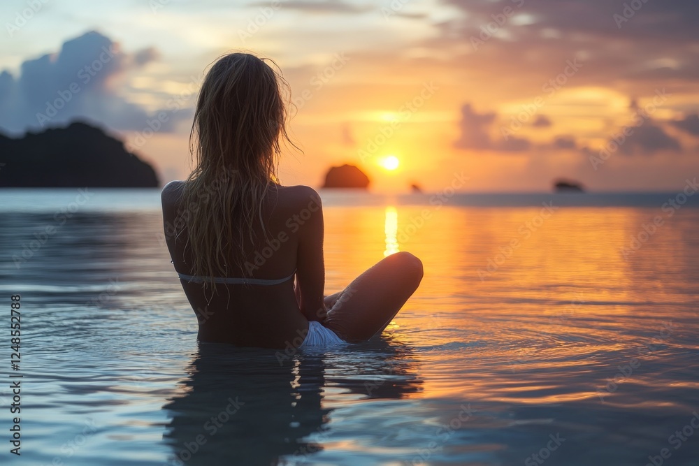 Sunset tranquility as a woman relaxes in shallow waters at a serene beach Sunset tranquility as a woman relaxes in shallow waters at a serene beach