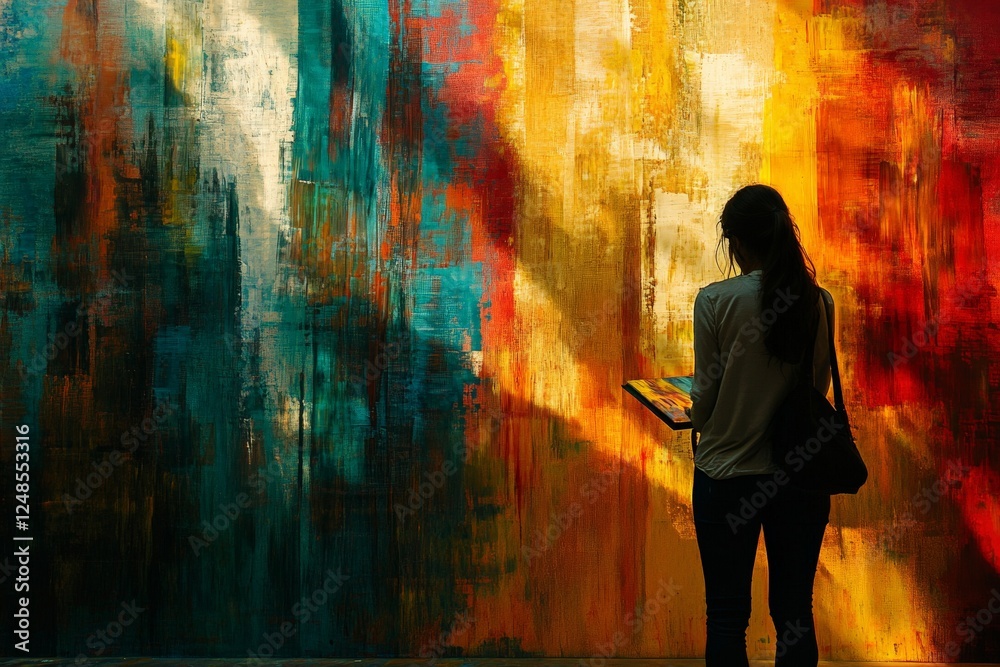 Individual contemplating vibrant abstract artwork in a city gallery during evening hours Individual contemplating vibrant abstract artwork in a city gallery during evening hours