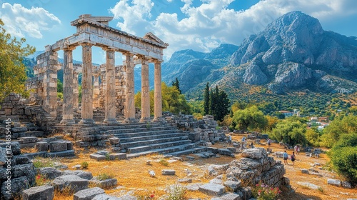 Ancient Greek Temple Ruins at Epidauros, Greece: Majestic Mountains and Sunny Day