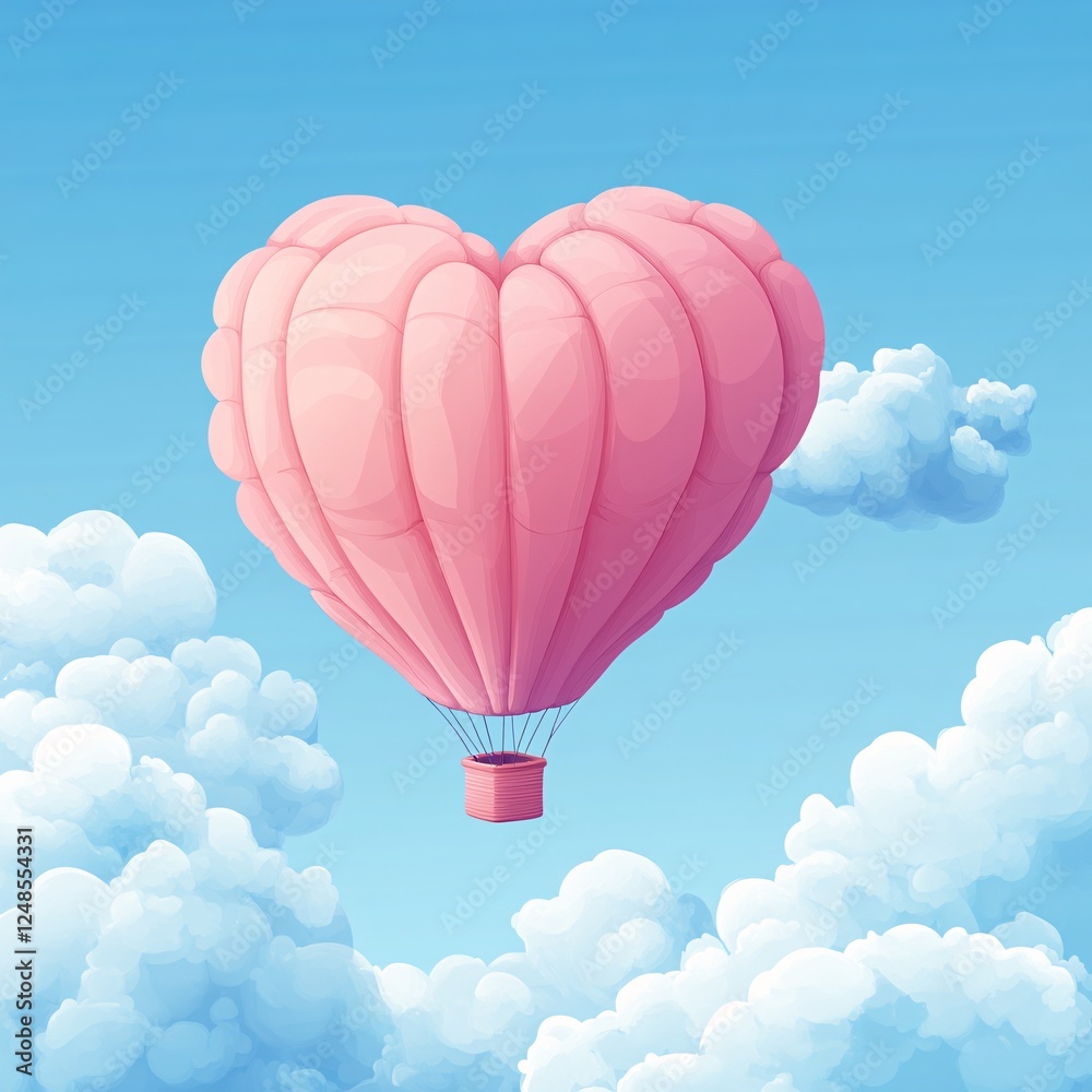 Fototapeta premium A vector illustration of a heart-shaped hot air balloon drifting gently through cotton candy clouds.