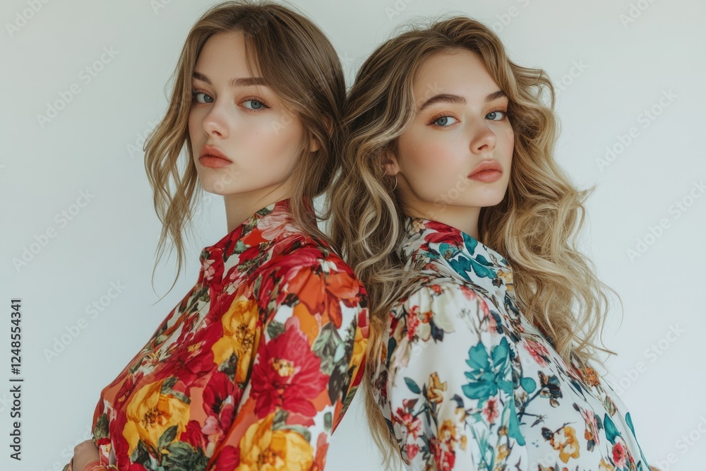 Two beautiful women with long blonde hair, wearing floral shirts, posing back to back against a white background. Two beautiful women with long blonde hair, wearing floral shirts, posing back to back against a white background.