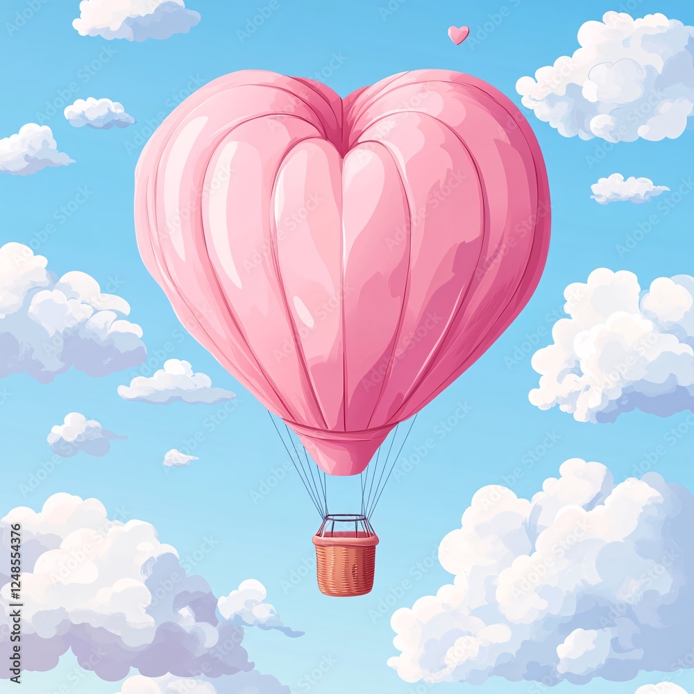 Obraz premium A vector illustration of a heart-shaped hot air balloon drifting gently through cotton candy clouds.