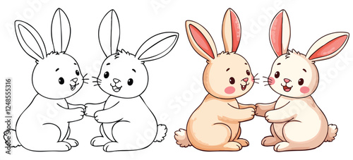 Two Rabbits (Bunny) are playing Line Art Vector Outline Illustration Black and White with Coloring Sample. Bold and Easy Frost and Wild Animal Coloring Pages for Adults and Kids