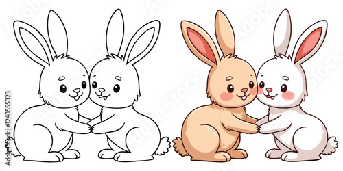 Two Rabbits (Bunny) are playing Line Art Vector Outline Illustration Black and White with Coloring Sample. Bold and Easy Frost and Wild Animal Coloring Pages for Adults and Kids