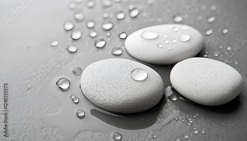White spa stones with water drops on grey background, closeup