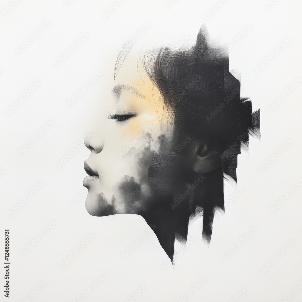 Fototapeta premium a dreamlike portrait of a woman with clouds and sky blending into her profile