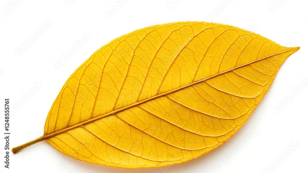 Fototapeta premium Autumn leaf isolated on white background with detailed veins, golden yellow color, and crisp texture, perfect for fall-themed designs, seasonal decorations, botanical illustrations and nature-inspired
