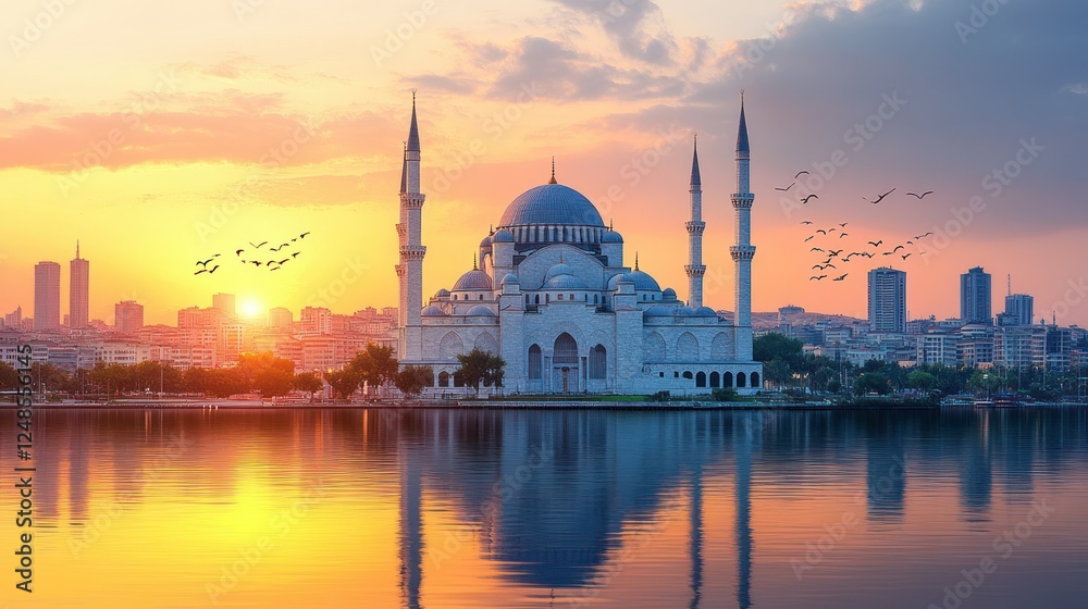 Obraz premium Majestic Mosque at Sunset: A Serene Reflection