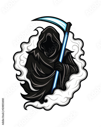 A spectral reaper, cloaked in tattered dark grey fabric, wielding a scythe;  eerie, atmospheric lighting.