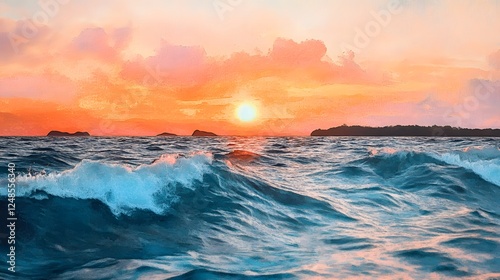 Vibrant Sunset Over Ocean Waves