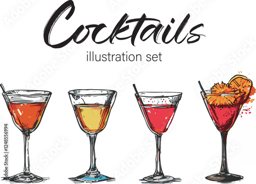 Bar cocktail drinks handdrawn illustration set vector isolated white background. Illustration for a menu 