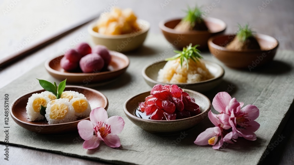 Various types of japanese desserts on grey board with sakura flowers