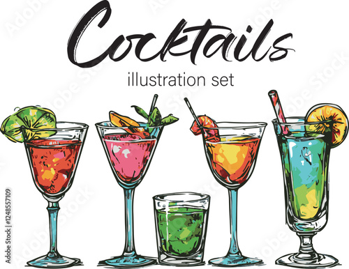 Bar cocktail drinks handdrawn illustration set vector isolated white background. Illustration for a menu 