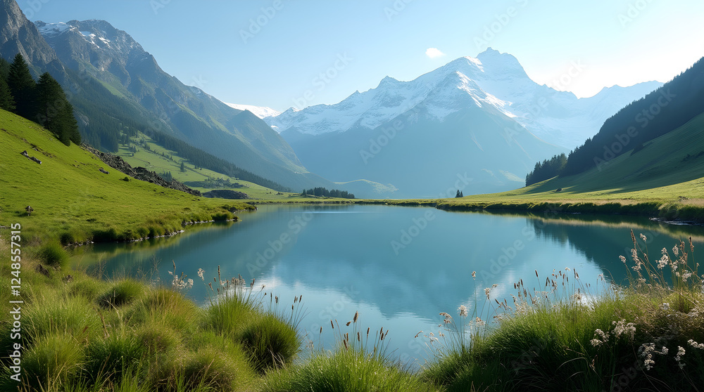 Serene Alpine Lake Reflection: Majestic Snow-Capped Mountains, Lush Green Meadow, Tranquil Waters, Scenic Landscape Photography Serene Alpine Lake Reflection: Majestic Snow-Capped Mountains, Lush Green Meadow, Tranquil Waters, Scenic Landscape Photography