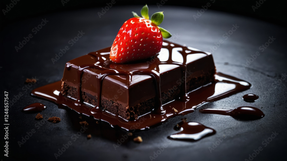 Chocolate dessert made of sponge cake and cheese cream, decorated with strawberries in a neon-noir atmosphere, molecular gastronomy