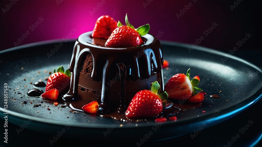 Chocolate dessert made of sponge cake and cheese cream, decorated with strawberries in a neon-noir atmosphere, molecular gastronomy