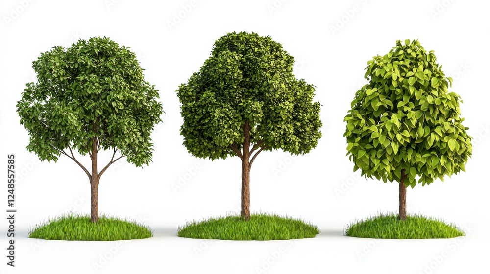 Three distinct trees showcasing varying shapes and rich green foliage set against a neutral background highlighting nature's beauty Three distinct trees showcasing varying shapes and rich green foliage set against a neutral background highlighting nature's beauty