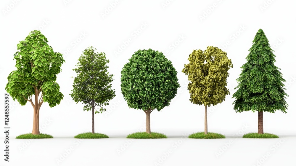 Diverse set of five trees showcasing unique shapes and vibrant foliage ideal for landscaping and ecological studies in nature