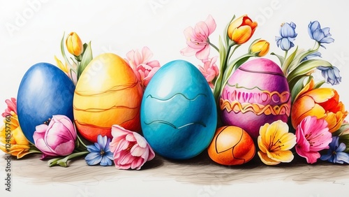 Happy Easter composition for easter design, elegant Easter eggs and nests on white background with flowers. Flat lay
