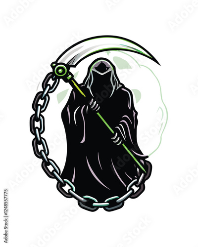 A grim reaper, cloaked in flowing black robes, shrouded by a single, tattered white sheet, stands in dim light.