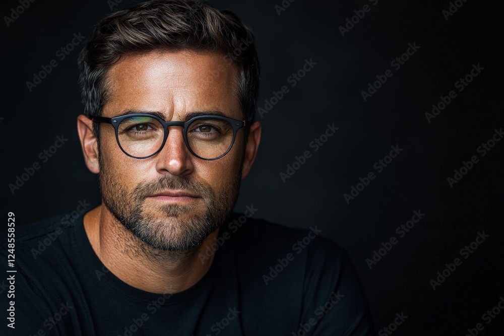 Thoughtful man with glasses poses against a dark background showcasing a serious expression and stylish appearance Thoughtful man with glasses poses against a dark background showcasing a serious expression and stylish appearance