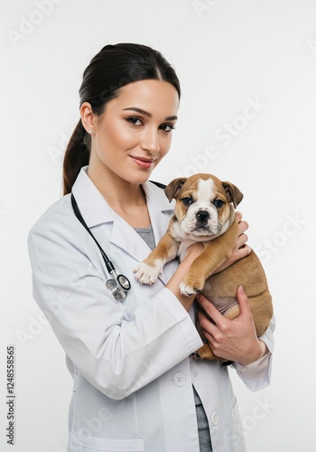 beautiful veterinarian is holding a cute puppy. white background. ai generative