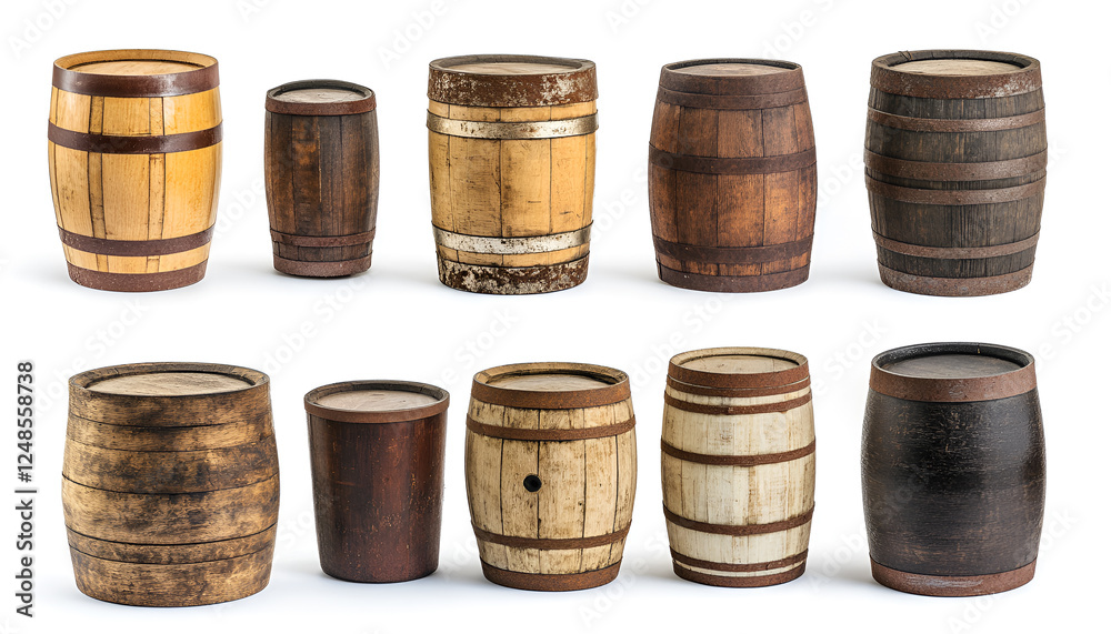 Set of many wooden barrels on white background Set of many wooden barrels on white background