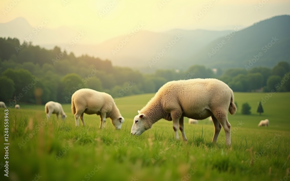 Fototapeta premium Sheep grazing peacefully in a lush green field under a warm sunset.