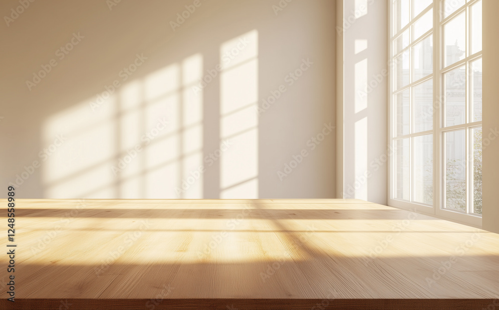 Wooden table for product display or advertising with a minimalist and aesthetic background Wooden table for product display or advertising with a minimalist and aesthetic background