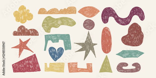 Colorful Abstract Grunge Shapes with Hand Drawn Scribble Texture. Organic doodle elements. Retro design perfect for posters, print, fashion, wallpapers 