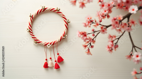 Martisor Spring Charm: Red & White Twisted Cord with Tassels & Bells, Romanian Tradition, Floral Background, Celebration of Spring photo