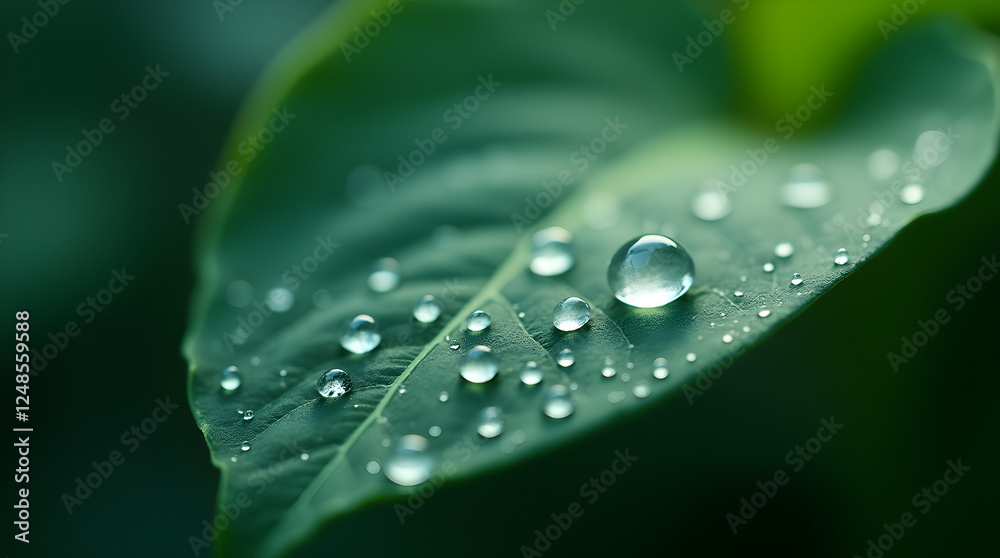 Green Leaf with Water Droplets: Close-Up Macro Photography of Nature's Beauty, Fresh Dew on Leaf, Serene and Refreshing Image
