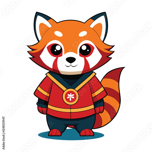 Cute cartoon red panda wearing a red and blue uniform with a golden emblem