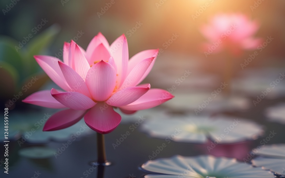 custom made wallpaper toronto digitalA serene pink lotus flower blooming above tranquil water, surrounded by lush green leaves.
