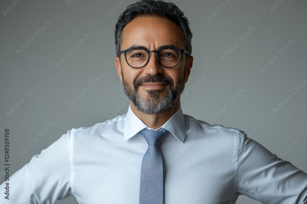 Business professional smiles confidently in a well-lit studio setting with a neutral background during a corporate photoshoot Business professional smiles confidently in a well-lit studio setting with a neutral background during a corporate photoshoot
